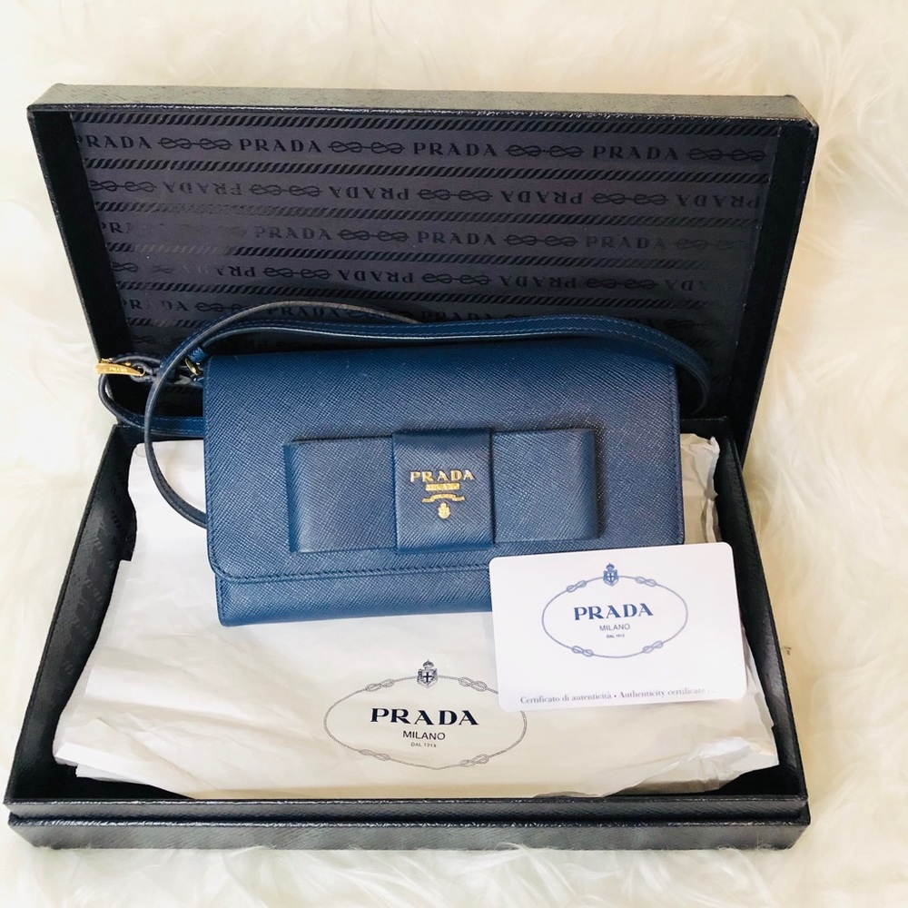 Prada Blue Saffiano Bow Wallet On Chain